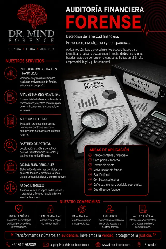 Catálogo de auditoría financiera forense de Dr. Mind Forence: investigación de fraudes, análisis forense contable, auditoría de procesos, rastreo de activos y dictámenes periciales para litigios.