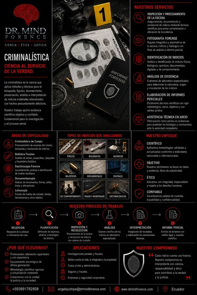Catálogo de criminalística de Dr. Mind Forence: inspección de escena, fotografía forense, identificación y análisis de indicios, informes periciales y asistencia técnica en juicio, con los tipos de indicios analizados y el proceso de trabajo.