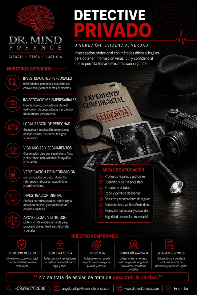 Catálogo de servicios de detective privado de Dr. Mind Forence: investigaciones personales y empresariales, localización de personas, vigilancia legal, verificación de información e investigación digital.