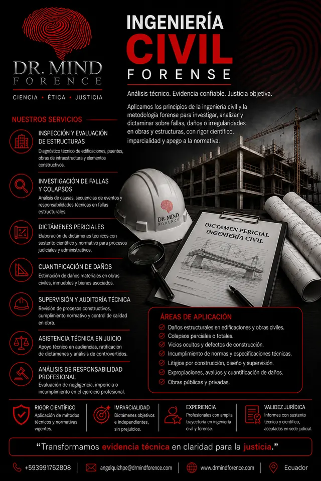 Catálogo de ingeniería civil forense de Dr. Mind Forence: inspección de estructuras, investigación de fallas y colapsos, dictámenes periciales, cuantificación de daños y auditoría técnica.