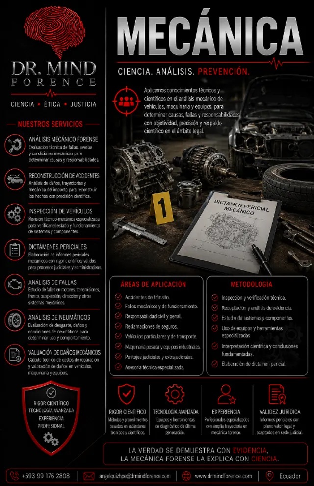 Catálogo de mecánica forense de Dr. Mind Forence: análisis mecánico forense, reconstrucción de accidentes, inspección de vehículos, dictámenes periciales, análisis de fallas y neumáticos, y valuación de daños mecánicos, con áreas de aplicación y metodología.