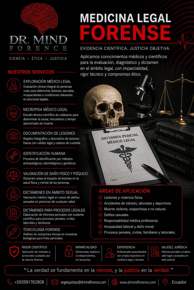 Catálogo de medicina legal forense de Dr. Mind Forence: exploración médico-legal, necropsia, documentación de lesiones, identificación humana, valoración de daño y toxicología forense.