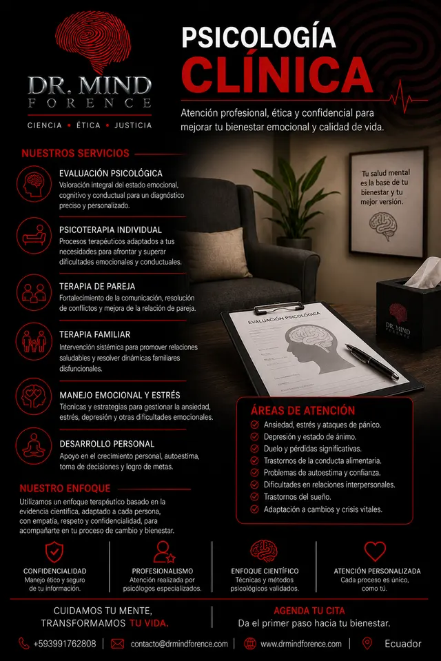 Catálogo de psicología clínica de Dr. Mind Forence: evaluación psicológica, psicoterapia individual, terapia de pareja y familiar, manejo emocional y desarrollo personal.