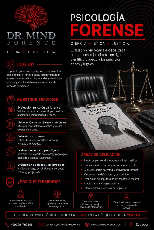 Catálogo de psicología jurídica y forense de Dr. Mind Forence: evaluación psicológica forense, dictámenes periciales, entrevistas forenses y evaluación de daño psicológico, riesgo y peligrosidad.